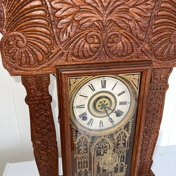 ANTIQUE INGRAHAM OAK AMERICAN GINGERBREAD CLOCK WORKING MANTLE MANTEL WINDUP - Picture 9 of 16